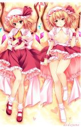 Rule 34 | 1girl, :o, ascot, blonde hair, blush, bobby socks, breasts, breasts out, dakemakura-koubou, dakimakura (medium), dodojune, dress, female focus, flandre scarlet, frilled dress, frills, hat, heart, mary janes, multiple views, nipples, no bra, no panties, no shoes, open clothes, open shirt, pussy, red eyes, ribbon, shirt, shoes, short hair, side ponytail, small breasts, socks, touhou, uncensored, wings, wrist cuffs