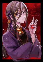 Rule 34 | 1boy, androgynous, bottle, brooch, butterfly brooch, closed mouth, dated, hair between eyes, hair ribbon, highres, holding, holding bottle, japanese clothes, jewelry, kimono, letterboxed, long hair, looking at viewer, makoto1009, male focus, mars red, monocle, paint splatter, purple eyes, purple kimono, red background, ribbon, signature, tenmaya shinosuke