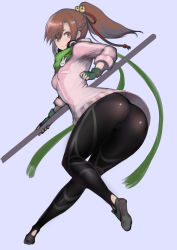 Rule 34 | 1girl, ass, bell, black leggings, braid, breasts, brown eyes, brown hair, closed mouth, fighting ex layer, fingerless gloves, french braid, from behind, full body, gloves, green gloves, green scarf, hair bell, hair ornament, headphones, headphones around neck, highres, holding, jingle bell, johan (johan13), leg up, leggings, long hair, long scarf, looking at viewer, looking back, nanase (street fighter), pantylines, purple background, scarf, simple background, sleeves past elbows, small breasts, smile, solo, street fighter, street fighter ex (series), twisted torso