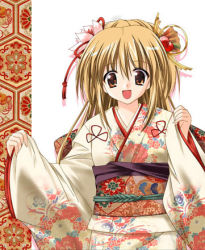 Rule 34 | 1girl, :d, blonde hair, dot nose, female focus, japanese clothes, kiba satoshi, kimono, lowres, open mouth, original, smile, solo, source request, yellow eyes