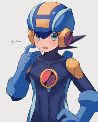 Rule 34 | 1boy, absurdres, blue bodysuit, blue headwear, blurry, bodysuit, brown hair, covered collarbone, covered navel, depth of field, green eyes, hand on own hip, hand up, helmet, highres, looking at viewer, male focus, mega man (series), mega man battle network (series), megaman.exe, open mouth, short hair, simple background, solo, spiked hair, sweatdrop, twitter username, upper body, white background, zero-go