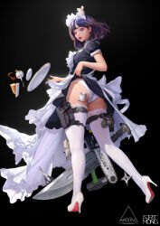 Rule 34 | 1girl, absurdres, apron, artmong, black background, brown eyes, brown hair, cake, cake slice, chainsaw, clothes lift, cup, dress, dress lift, explosive, food, fork, full body, garter straps, grenade, gun, hammer, handgun, high heels, highres, lace, lace-trimmed legwear, lace trim, lifted by self, maid, maid headdress, mouse (animal), nose, open mouth, original, panties, power tool, red lips, saucer, scissors, short sleeves, sledgehammer, solo, teacup, thighhighs, tray, underwear, weapon, white apron, white footwear, white panties, white thighhighs