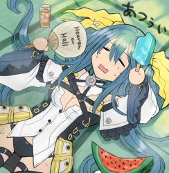 Rule 34 | 1girl, arc system works, bare shoulders, belt, black panties, blue hair, breasts, cleavage, closed eyes, detached sleeves, dizzy (guilty gear), drink, english text, fan, food, fruit, glass, guilty gear, guilty gear xrd, hair between eyes, hair ribbon, hot, ice, ice cream, ice cube, indoors, lying, mariebell, mature female, medium breasts, on back, panties, popsicle, ribbon, sidelocks, solo, sweat, sweatdrop, thigh strap, twintails, underwear, watermelon