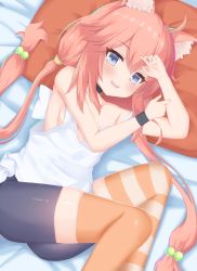 Rule 34 | 1girl, absurdres, animal ear fluff, animal ears, arms up, asymmetrical legwear, bike shorts, blue eyes, breasts, cat ears, commentary request, fang, hair bobbles, hair ornament, highres, hinata channel, knees up, long hair, low twintails, lying, mismatched legwear, nekomiya hinata, on side, open mouth, orange thighhighs, pillow, pink hair, shorts, small breasts, smile, solo, striped clothes, striped thighhighs, thighhighs, twintails, vest, virtual youtuber, white vest, wristband