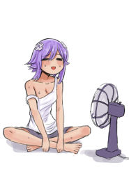 Rule 34 | 1girl, barefoot, blush, breasts, choujigen game neptune, cleavage, closed eyes, d-pad, d-pad hair ornament, donburi (donburikazoku), hair ornament, hand fan, indian style, neptune (neptunia), neptune (series), open mouth, purple hair, shirt, short hair, shorts, sidelocks, simple background, sitting, smile, solo, sweat, white background