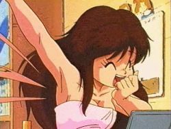 Rule 34 | 1990s (style), 1girl, :d, animated, animated gif, anime screenshot, armpits, blue eyes, blush, bookshelf, breasts, brown hair, cleavage, covering own mouth, covering privates, embarrassed, eyelashes, fang, fangs, genji tsuushin agedama, hand over own mouth, heike ibuki, indoors, long hair, looking down, lowres, motion blur, naked towel, nipples, open mouth, qvga, retro artstyle, screencap, sidelocks, smile, solo, surprised, sweatdrop, topless, towel, towel slip, upper body, wardrobe malfunction, waving