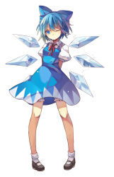 Rule 34 | 1girl, ;&lt;, arms behind back, bloomers, blue bow, blue dress, blue eyes, blue hair, bobby socks, bow, cirno, dress, female focus, full body, hair bow, mary janes, matching hair/eyes, neck ribbon, one eye closed, pigeon-toed, puffy short sleeves, puffy sleeves, red ribbon, ribbon, shoes, short hair, short sleeves, simple background, socks, solo, standing, touhou, underwear, white background, white socks, wings, wink, yayin (yayin233)