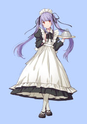 Rule 34 | 1girl, alternate costume, apron, black dress, black footwear, black ribbon, blue background, blush, character request, closed mouth, copyright request, crossed legs, dress, enmaided, frilled apron, frills, full body, hair ribbon, highres, holding, holding plate, juliet sleeves, kazuharu kina, long hair, long sleeves, maid, maid apron, maid headdress, pantyhose, plate, puffy sleeves, purple hair, red eyes, ribbon, serving dome, shoes, sidelocks, simple background, smile, solo, standing, twintails, twitter username, very long hair, virtual youtuber, white apron, white pantyhose