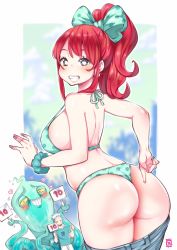 Rule 34 | 1boy, 1girl, 1other, aqua bikini, aqua bow, ass, back, bikini, bow, breasts, curvy, hair bun, hetero, highres, huge ass, kenron toqueen, large breasts, looking at another, looking at viewer, original, pony (animal), red hair, single hair bun, swimsuit, thick thighs, thighs, tomatita, wide hips