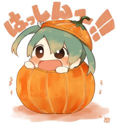 Rule 34 | 1girl, blush, chibi, commentary, eyes visible through hair, green hair, hair between eyes, hair ribbon, ina (1813576), kantai collection, long hair, open mouth, pumpkin, ribbon, shadow, signature, simple background, smile, solo, translated, trembling, twintails, white background, white ribbon, zuikaku (kancolle)