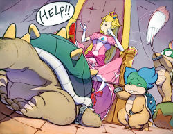 Rule 34 | 1girl, 3boys, blonde hair, blue eyes, blue hair, bowing, bowser, brothers, cellphone, crown, father and son, femdom, flip phone, hand fan, legs up, lemmy koopa, ludwig von koopa, mario (series), messy hair, multiple boys, nintendo, oshou (classic1418408), oshou (pixiv232198), out of character, panties, pantyshot, phone, princess peach, scales, shell, siblings, slave, spikes, super mario bros. 1, underwear, upskirt