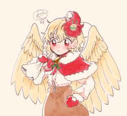 Rule 34 | 1girl, animal, animal on head, bell, bird, bird on head, bird wings, blonde hair, blush, brown dress, capelet, closed mouth, dress, feathered wings, hair between eyes, holding, holding sack, itomugi-kun, long sleeves, mittens, multicolored hair, niwatari kutaka, on head, red capelet, red eyes, red hair, red mittens, sack, shirt, short hair, simple background, solo, squiggle, touhou, two-tone hair, white shirt, wings, yellow background, yellow wings