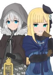Rule 34 | 2girls, add (fate), aqua eyes, atsumisu, bad id, bad pixiv id, beret, birdcage, black gloves, black headwear, black ribbon, blonde hair, blue dress, blue eyes, brown cape, brown gloves, cage, cape, closed mouth, commentary request, dress, fate (series), flower, fur-trimmed cape, fur-trimmed sleeves, fur trim, gloves, gray (fate), grey flower, grey hair, grey shirt, grey skirt, grin, hair between eyes, hair flower, hair ornament, hat, holding, hood, hood up, long hair, lord el-melloi ii case files, mini hat, multiple girls, plaid, plaid skirt, pleated skirt, reines el-melloi archisorte, ribbon, shirt, simple background, skirt, smile, tilted headwear, v-shaped eyebrows, white background