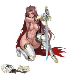 Rule 34 | 1girl, ahoge, armor, armored boots, armpit crease, blush, boots, breasts, broken, broken armor, broken crown, broken sword, broken weapon, cape, circlet, clenched teeth, convenient censoring, covered erect nipples, cross, cuisses, dark-skinned female, dark skin, defeat, ear piercing, full body, game cg, gauntlets, gold trim, gorget, greaves, highres, holding, holding sword, holding weapon, injury, knight, large areolae, large breasts, last origin, linea alba, lips, long hair, looking at viewer, machinery, naked armor, navel, navel piercing, official alternate costume, official art, on one knee, partially visible vulva, pauldron removed, pauldrons, piercing, poleyn, prester johanna, red cape, red eyes, red hair, sabaton, scratches, shoulder armor, single pauldron, single tear, skindentation, solo, sweat, sword, tachi-e, taesi, teeth, thick eyebrows, thick thighs, thighs, torn cape, torn clothes, transparent background, vambraces, very long hair, warrior, weapon, white armor
