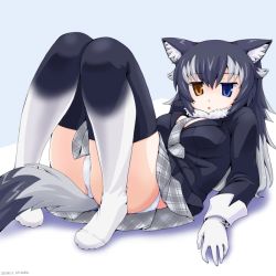 Rule 34 | 1girl, animal ear fluff, animal ears, artist request, between breasts, blue eyes, breasts, commentary, commentary request, full body, fur collar, gloves, gradient legwear, grey wolf (kemono friends), heterochromia, kemono friends, looking at viewer, medium breasts, medium skirt, multicolored hair, necktie, necktie between breasts, panties, skirt, solo, tail, thighhighs, two-tone hair, underwear, white gloves, white panties, wolf ears, wolf girl, wolf tail, yellow eyes