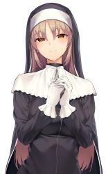 Rule 34 | 1girl, absurdres, black dress, brown eyes, brown hair, closed mouth, dress, gloves, habit, hair between eyes, highres, hiiragi yuuichi, long hair, looking at viewer, nijisanji, nun, own hands together, simple background, sister claire, sister claire (1st costume), smile, solo, standing, traditional nun, upper body, very long hair, virtual youtuber, white background, white gloves