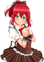 Rule 34 | 10s, 1girl, alternate hairstyle, bad id, bad pixiv id, blush, bow, bowtie, circle skirt, clenched hands, closed mouth, dress, green eyes, hair between eyes, head tilt, highres, kurosawa ruby, long hair, looking at viewer, love live!, love live! school idol festival, love live! sunshine!!, md5 mismatch, own hands together, ponytail, puffy short sleeves, puffy sleeves, red hair, short sleeves, simple background, smile, solo, tarachine, white background, wrist cuffs