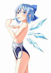 Rule 34 | 1girl, blue eyes, blue hair, blush, cirno, clothes pull, food, hair ornament, hair ribbon, highres, ice, ice wings, looking at viewer, matching hair/eyes, one-piece swimsuit, one-piece swimsuit pull, popsicle, pspmaru, ribbon, short hair, simple background, smile, solo, swimsuit, tongue, topless, touhou, white background, wings