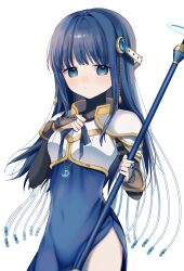 Rule 34 | 1girl, absurdres, armor, blue eyes, blue hair, blush, breastplate, breasts, bridal gauntlets, commentary, covered navel, cowboy shot, crescent, curled fingers, glowing, hair ornament, hand on own chest, hand up, highres, holding, holding staff, jewelry, long hair, looking at viewer, magia record: mahou shoujo madoka magica gaiden, mahou shoujo madoka magica, nanami yachiyo, nose blush, parted lips, roseziny, shoulder armor, simple background, small breasts, solo, staff, standing, straight hair, tareme, thighs, white armor, white background