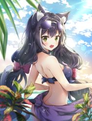 Rule 34 | 1girl, animal ear fluff, animal ears, ass, bare arms, bare shoulders, bikini, bikini top only, black hair, blue bikini, blue sky, blurry, blurry foreground, blush, bow, breasts, cat ears, cat girl, cat tail, cloud, cloudy sky, day, depth of field, eyewear on head, fang, green eyes, grey-framed eyewear, hair between eyes, hair bow, karyl (princess connect!), karyl (summer) (princess connect!), long hair, looking at viewer, looking to the side, low twintails, md5 mismatch, medium breasts, melings (aot2846), open mouth, outdoors, princess connect!, red bow, resolution mismatch, sky, solo, source larger, sunglasses, swimsuit, tail, twintails, very long hair, water