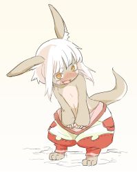 Rule 34 | 1other, animal ears, blush, blush stickers, done (donezumi), fang, furry, made in abyss, nanachi (made in abyss), open mouth, other focus, pants, puffy pants, rabbit ears, simple background, solo, standing, tail, whiskers, white hair