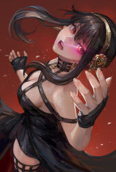 Rule 34 | 1girl, bare shoulders, black dress, black hair, breasts, cleavage, dress, earrings, fingerless gloves, from above, gloves, glowing, glowing eye, gold earrings, gold hairband, golden rose, hair ornament, hairband, highres, jewelry, large breasts, looking up, miche, red background, red eyes, sidelocks, solo, spy x family, thighhighs, yor briar