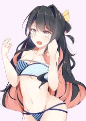 Rule 34 | 10s, 1girl, alternate costume, bare shoulders, bikini, black hair, breasts, cleavage, collarbone, day mello, fang, hair ribbon, kantai collection, large breasts, long hair, looking at viewer, multicolored eyes, multicolored hair, naganami (kancolle), navel, open mouth, pink background, pink hair, purple eyes, ribbon, simple background, solo, swimsuit, yellow eyes