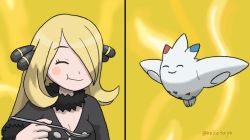 Rule 34 | 1girl, :t, black coat, blonde hair, blush stickers, breasts, cleavage, closed eyes, coat, commentary request, creatures (company), cynthia (pokemon), eating, eyelashes, fur-trimmed coat, fur collar, fur trim, game freak, gen 4 pokemon, hair ornament, hair over one eye, holding, holding spoon, long hair, mao yang yi, nintendo, pokemon, pokemon (creature), pokemon dppt, scene reference, smile, split screen, spoon, togekiss, upper body