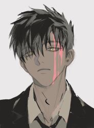 Rule 34 | 1boy, black hair, black jacket, black necktie, blood, blood on face, closed mouth, collared jacket, collared shirt, dark-skinned male, dark skin, expressionless, eyes visible through hair, grey background, hair over one eye, highres, injury, jacket, lapels, light frown, lips, male focus, necktie, original, oxi206, pink blood, shirt, short hair, simple background, solo, upper body, white shirt, yellow eyes