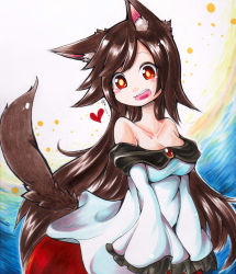 Rule 34 | 1girl, animal ears, blush stickers, breasts, brooch, brown hair, cleavage, collarbone, dress, heart, hiwana (nagare hibana), imaizumi kagerou, jewelry, long sleeves, looking at viewer, marker (medium), off shoulder, open mouth, red eyes, shikishi, solo, tail, touhou, traditional media, wide sleeves, wolf ears, wolf tail