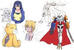 Rule 34 | blue hair, cannon, cape, coat, coat on shoulders, digimon, digimon (creature), fusion, highres, horns, long hair, lucemon, mishima erika, monzaemon, omegamon, sword, twintails, very long hair, weapon, wormmon, yellow eyes