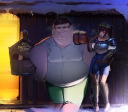 Rule 34 | 1boy, 1girl, absurdres, alcohol, armor, beer, beer mug, blue bodysuit, bodysuit, brown footwear, brown hair, collared shirt, commentary, commission, covered navel, cup, earrings, english commentary, family guy, fat, fat man, fur collar, glasses, green eyes, green pants, head wreath, highres, jewelry, kowai (iamkowai), long hair, medieval, mug, original, outdoors, pants, peter griffin, ponytail, bar (place), round eyewear, shirt, short hair, shoulder armor, smirk, snow, very short hair, white shirt
