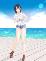 Rule 34 | 1girl, alternate costume, ankle boots, bikini, black bra, black hair, boots, bra, bralines, breasts, denim, denim shorts, hand on own hip, high heel boots, high heels, highres, kantai collection, kogasa523, large breasts, ocean, red eyes, shirt, short hair, short shorts, shorts, smile, swimsuit, takao (kancolle), thighs, underwear, water, wet, wet clothes, wet shirt