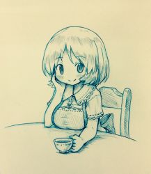 Rule 34 | 1girl, aki minoriko, arinu, blush, breast rest, breasts, commentary, looking at viewer, monochrome, short hair, smile, solo, tea, touhou, traditional media