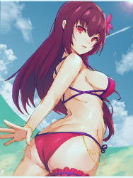 Rule 34 | ass, bad id, bad pixiv id, beach, bikini, blue sky, bracelet, breasts, bridal garter, cloud, day, fate/grand order, fate (series), flower, hair flower, hair ornament, hibiscus, jewelry, large breasts, lens flare, long hair, looking back, meow head, ocean, pink bikini, purple bikini, purple hair, red eyes, scathach (fate), scathach (fate/grand order), scathach (swimsuit assassin) (fate), sideboob, sky, smile, solo, swimsuit