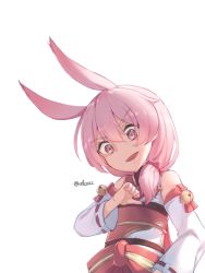 Rule 34 | 1girl, :o, animal ears, bare shoulders, fox ears, hair between eyes, highres, honkai (series), honkai impact 3rd, looking at viewer, looking down, open mouth, pink eyes, pink hair, side ponytail, simple background, solo, theresa apocalypse, theresa apocalypse (sakuno rondo), v-shaped eyebrows, velcozz, white background