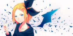 Rule 34 | 1girl, \n/, achiki, bad id, bad pixiv id, blonde hair, blue eyes, earrings, hair ribbon, jewelry, kagamine rin, looking at viewer, ribbon, short hair, smile, solo, vocaloid, wings