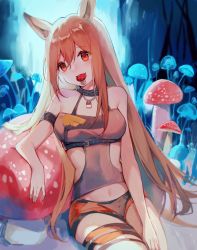 Rule 34 | 1girl, :3, animal ears, arknights, arm strap, bare arms, bare shoulders, breasts, brown hair, ceobe (arknights), ceobe (summer flowers) (arknights), chinese commentary, commentary request, fang, hair between eyes, highres, long hair, looking at viewer, medium breasts, mouth hold, mushroom, navel, official alternate costume, red eyes, solo, thighs, very long hair, yunweishukuang