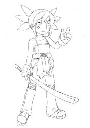 Rule 34 | 1girl, :3, bare shoulders, bodysuit, bokken, buttons, camisole, child, closed mouth, clothes around waist, collarbone, covered erect nipples, eyepatch, flat chest, full body, gloves, greyscale, hand up, holding, holding weapon, index finger raised, jumpsuit, knee pads, legs apart, light smile, lineart, mito, mito (rumble fish), mito (the rumble fish), monochrome, red hair, refeia, rumble fish 2, shoes, short hair, short twintails, sidelocks, simple background, single vertical stripe, smile, smiley face, sneakers, solo, spiked hair, standing, sword, the rumble fish, the rumble fish 2, twintails, weapon, wooden sword