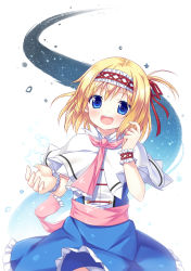Rule 34 | 1girl, alice margatroid, blonde hair, blue dress, blue eyes, capelet, dress, female focus, hairband, highres, lolita hairband, looking at viewer, mitsuki, necktie, open mouth, outstretched arm, outstretched hand, sash, shirt, smile, solo, star (symbol), touhou, wrist cuffs, yano mitsuki (nanairo)