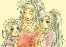 Rule 34 | 1990s (style), 1boy, 2girls, age difference, blue hair, blush, book, bracelet, breasts, brother and sister, child, chrono (series), chrono trigger, dress, earrings, facing another, family, fingernails, green eyes, hair between eyes, hair tie, hand on another&#039;s head, hand up, happy, headband, headpat, high ponytail, holding, holding book, janus zeal, jewelry, kuro inu (red noname king), long hair, looking at another, looking up, mother and daughter, mother and son, multiple girls, nail polish, necklace, open book, open mouth, parted lips, ponytail, purple dress, queen zeal, red noname king, retro artstyle, schala zeal, siblings, simple background, smile, teeth, tongue, upper body, yellow dress