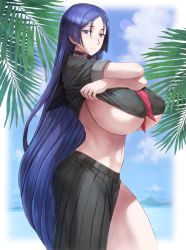 Rule 34 | 1girl, breasts, clothes lift, covered erect nipples, fate/grand order, fate (series), highres, huge breasts, long hair, minamoto no raikou (fate), mogudan, ocean, outdoors, palm tree, school uniform, shirt lift, skirt, standing, tree, underboob, undressing, very long hair