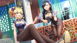 Rule 34 | 2girls, bare arms, black hair, blonde hair, breasts, china dress, chinese clothes, cleavage, dolphin wave, dress, fang, fang out, food, green eyes, hair over one eye, highres, ice cream, izumi kiri, kurose minami, large breasts, long hair, multicolored hair, multiple girls, official art, ootomo takuji, open mouth, pantyhose, ponytail, purple eyes, sitting, two-tone hair