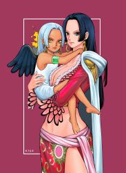 Rule 34 | 2girls, age difference, armpits, artist name, bare arms, bare legs, barefoot, black hair, black wings, blood, blue eyes, boa hancock, breasts, cape, cleavage, cowboy shot, dark-skinned female, dark skin, dress, earrings, expressionless, fire, from side, full body, green blood, groin, hands on another&#039;s neck, held up, highres, jewelry, k164, large breasts, lips, long hair, looking at viewer, lowleg, medium hair, midriff, multiple girls, nose, one piece, orange eyes, purple background, s-snake, sarong, seraphim (one piece), sleeveless, sleeveless dress, small breasts, snake earrings, standing, toes, tsurime, v-shaped eyebrows, white cape, white dress, white hair, wings
