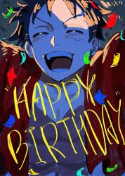 Rule 34 | 1boy, ^ ^, bad id, bad twitter id, black hair, close-up, closed eyes, commentary, confetti, happy birthday, hat, highres, male focus, monkey d. luffy, one piece, scar, scar on chest, scar on face, short hair, smile, solo, straw hat, wudus6