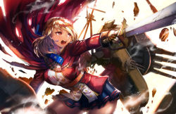 Rule 34 | 1girl, azur lane, blonde hair, blue skirt, braid, breasts, cannon, commentary request, french braid, holding, holding sword, holding weapon, huamuan huamuan, large breasts, long sleeves, machinery, miniskirt, open mouth, prince of wales (azur lane), red eyes, rigging, short hair, skirt, solo, sword, turret, weapon