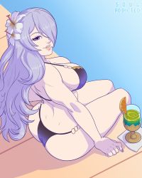 Rule 34 | 1girl, absurdres, ass, bare arms, bare shoulders, bikini, breasts, camilla (fire emblem), curvy, drink, female focus, fire emblem, flower, glass, hair over one eye, highres, huge ass, large breasts, long hair, nail polish, nintendo, purple nails, sitting, solo, swimsuit, thick thighs, thighs, water, wide hips