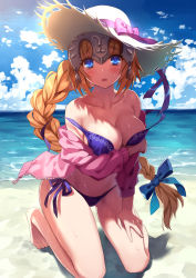 Rule 34 | 1girl, barefoot, beach, bikini, blonde hair, blue bikini, blue bow, blue eyes, blue sky, blush, bow, braid, breast hold, breasts, cleavage, cloud, cloudy sky, clueless, collarbone, comeo (komeo15), day, fate/grand order, fate (series), full body, hair bow, hand on own knee, hat, headpiece, jeanne d&#039;arc (fate), jeanne d&#039;arc (ruler) (fate), jeanne d&#039;arc (white cruising) (fate), kneeling, large breasts, long hair, looking at viewer, ocean, off shoulder, open mouth, outdoors, sand, side-tie bikini bottom, single braid, sky, solo, sunlight, swimsuit, untied bikini, wardrobe malfunction, water, wet