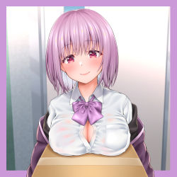 Rule 34 | 10s, 1girl, blush, bow, breast pocket, breast rest, breasts, carried breast rest, carrying, cleavage, closed mouth, collared shirt, gridman universe, highres, inagita, large breasts, looking at viewer, partially unbuttoned, pink hair, pocket, purple bow, purple eyes, shinjou akane, shirt, short hair, smile, solo, ssss.gridman, upper body, white shirt