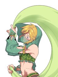 Rule 34 | 1boy, bad id, bad pixiv id, bandeau, blonde hair, blue eyes, blush, bridal gauntlets, crossdressing, detached sleeves, earrings, gerudo set (zelda), hip bones, hip focus, jewelry, kumokumo, link, looking at viewer, male focus, midriff, mouth veil, navel, nintendo, official alternate costume, pointy ears, see-through, smile, solo, stomach, the legend of zelda, the legend of zelda: breath of the wild, toned, transparent background, trap, veil